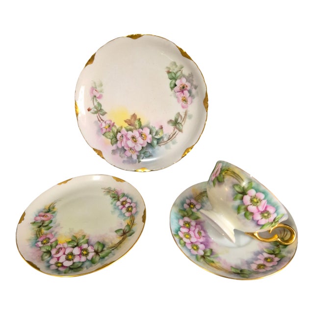 Vintage r.c. Versailles Bavaria Hand Painted Gilded Pink Blossoms Porcelain 4piece Tea Set For Sale