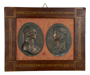 High Relief Metal Plate of Dante and Beatrice with Inlaid Wood Frame