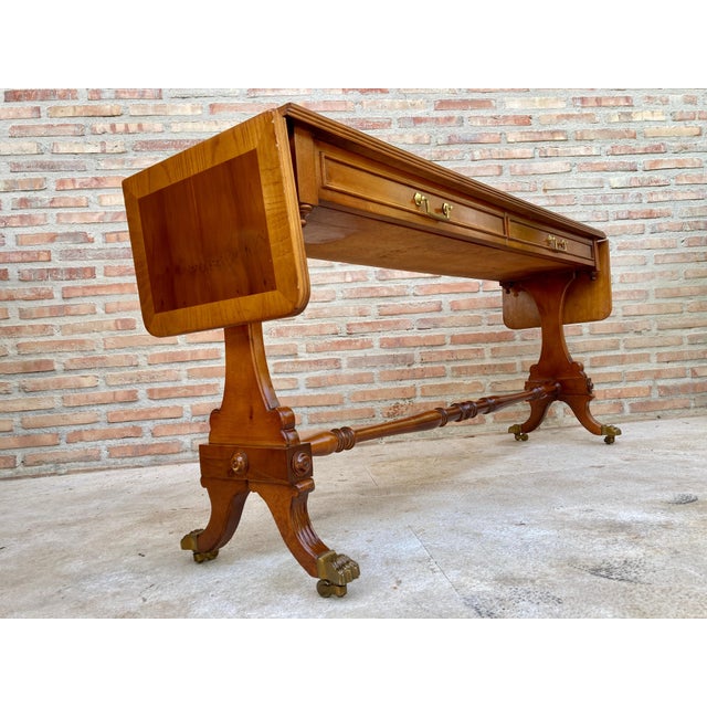 Wood Mid 20th Century Winged Console Table in Walnut with Claw Feet in Bronze with Drawers and Wheels For Sale - Image 7 of 18