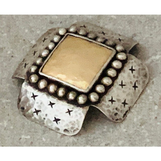 1980’s Dian Malouf Oxidized Sterling & 14k Gold Hammered ‘Signature’ Cross Pin/Brooch, With Beaded Silver Frame & Incised Cross Pattern For Sale - Image 10 of 12