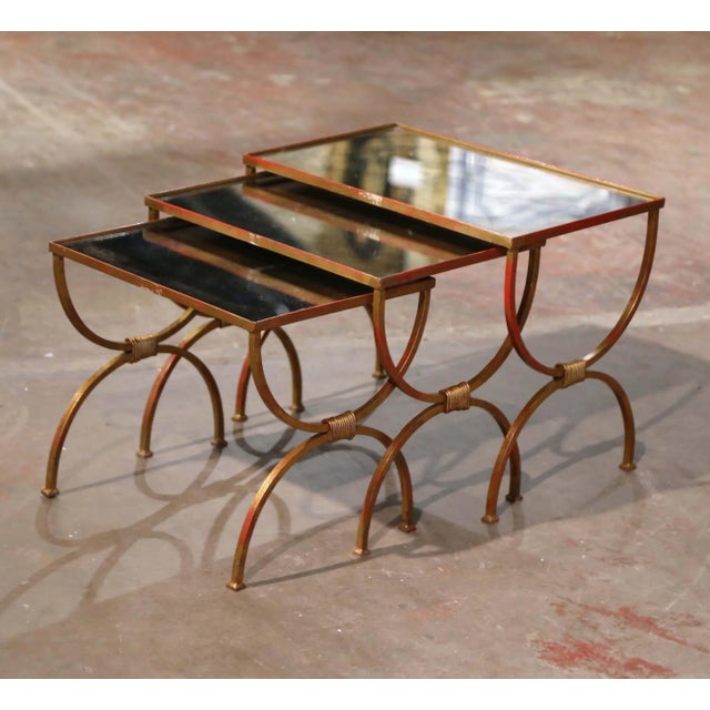 Mid 20th Century Set of 3 Early 20th Century French Art Deco Gilt Iron Nesting Tables For Sale - Image 5 of 10