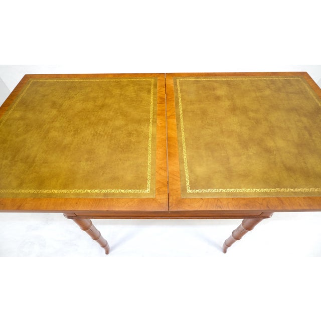 Fine Olive Green Leather Top Faux Bamboo Legs Flip Game Dining Table MINT For Sale - Image 9 of 14