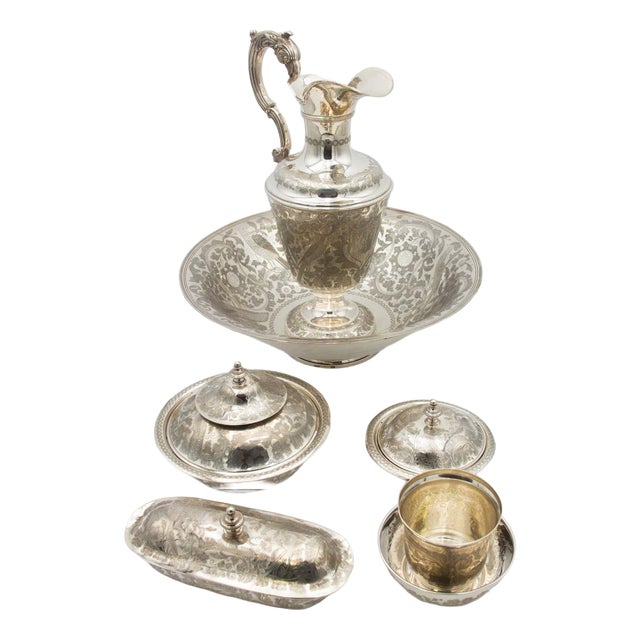 Chiseled Silver Toiletry Set with Lavender, Set of 6 For Sale