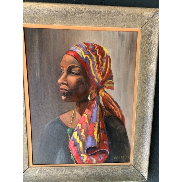 Wood Beautiful African Woman Oil on Board Painting by Elwood Fries For Sale - Image 7 of 11