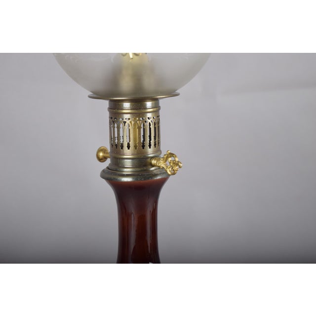 Amber-Brown Glass and Brass Table Lamp with Etched Glass Globe, 1950s For Sale - Image 16 of 18