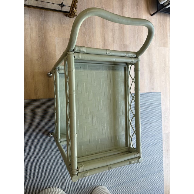 Mid-Century Modern Vintage Sage Green Rattan Bar Cart For Sale - Image 3 of 6