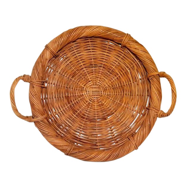Late 20th C. Round Wicker Basket Tray With Handles Chairish
