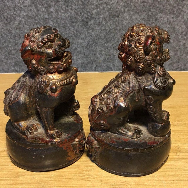 Metal Pair of Vintage Gilt Bronze Foo Dogs – Guardian Lions on Drum Bases For Sale - Image 7 of 9