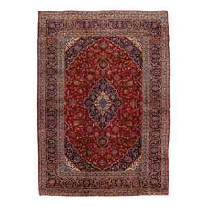 Vintage Persian Kashan Wool Rug Handmade in Red With Medallion Design