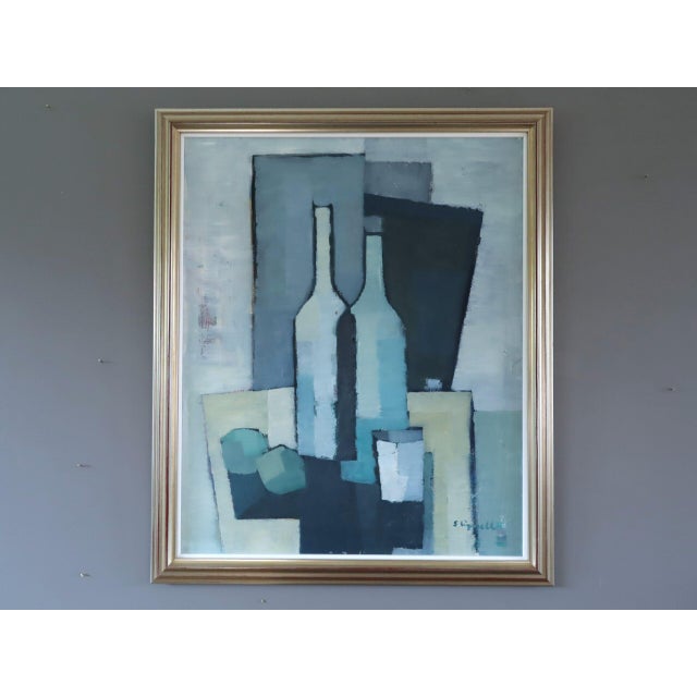 BOTTLES IN BLUE GEOMETRY Size: 27.2 x 22.8 inches (including frame) Oil on board A refined and thoughtfully composed mid-...
