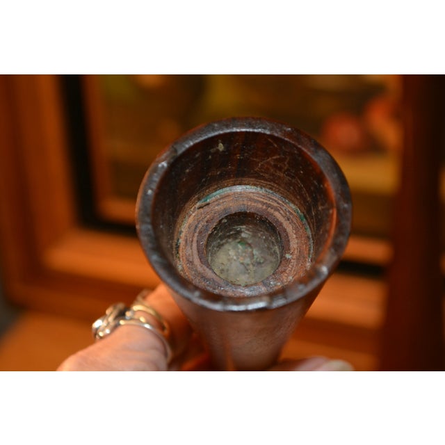 Burnt Umber Pair Sculptural Danish Modern Mid Century Tall Teak Candlesticks Taper Holders For Sale - Image 8 of 11