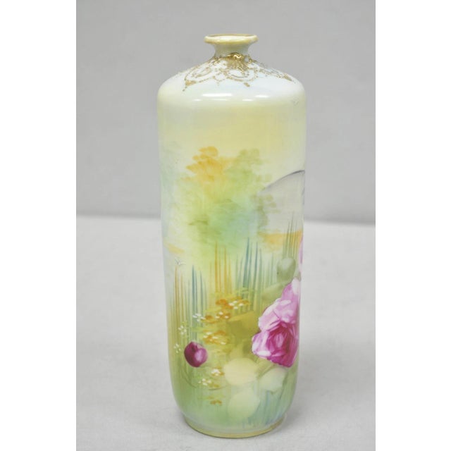 Antique Nippon Hand Painted Pink Rose & Lake Scene Small Porcelain Cylinder Vase For Sale - Image 11 of 14