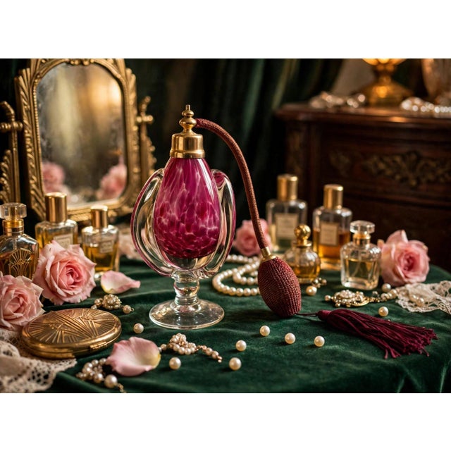Vintage refillable blown glass perfume atomizer (artisanal/Murano style) with gold-colored neck and details, a burgundy...
