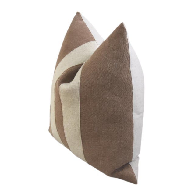 French Brown and Cream Appliqué Stripes Wool and Linen Feather/Down Pillow For Sale - Image 4 of 6