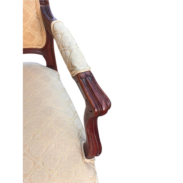 Cream Ethan Allen French Louis XV Style Carved Cherry Armchair in Cream Damask For Sale - Image 8 of 11