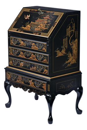 Black Lacquer Hand Painted Asian Chinoiserie Black Lacquer Secretary Writing Desk