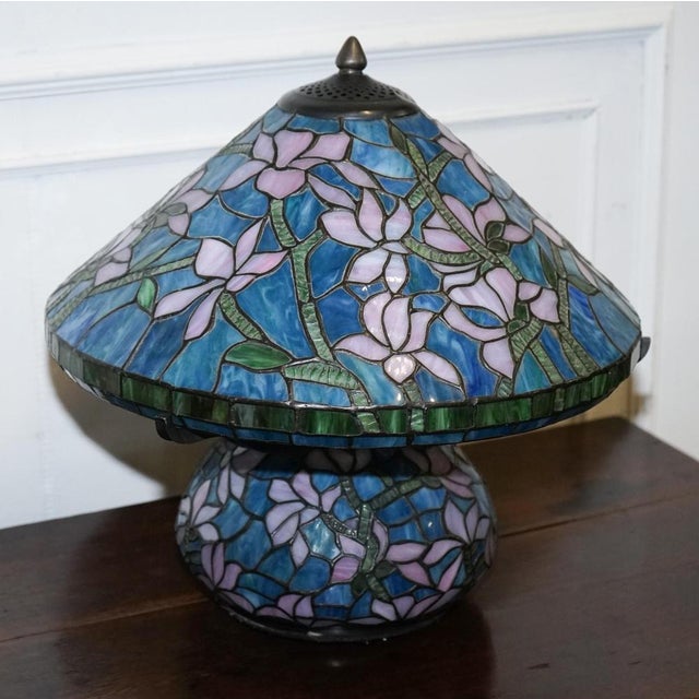 Blue Art Nouveau Floral Lamp in Tiffany Style Stained Glass For Sale - Image 8 of 12