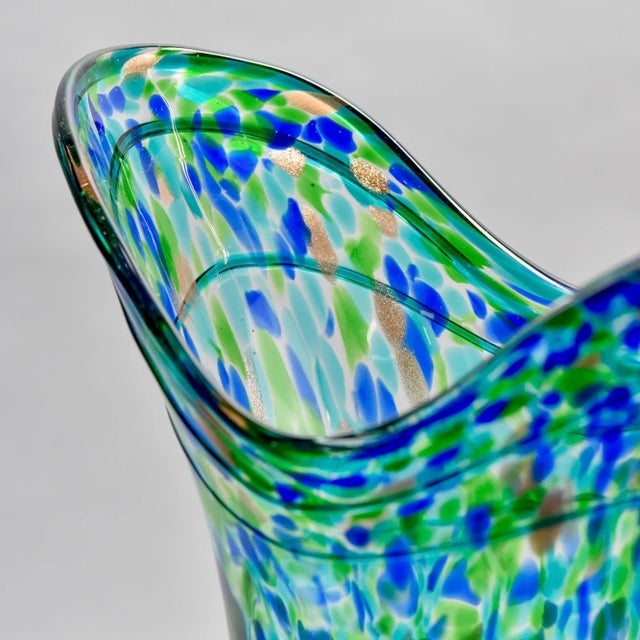 Blue Tall Vintage Blue Green Gold Splatter Art Glass Vase For Sale - Image 8 of 13
