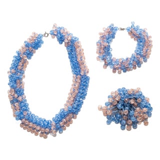 Vintage Murano Glass Beaded Necklace Set With Brooch and Bracelet, Pink and Blue, 3 Pieces For Sale