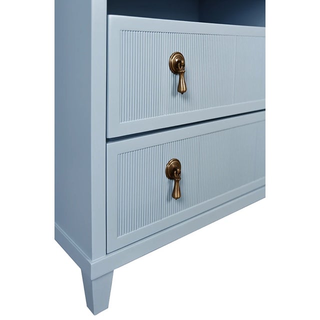 2020s Matthew Izzo Home Corine Light Blue Matte Lacquer Fluted Front Two Drawer Side Table With Brass Drawer Pulls and Open Shelf For Sale - Image 5 of 6