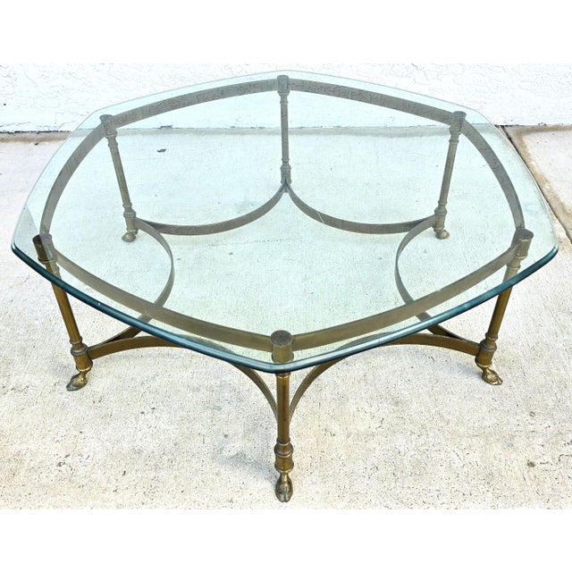 1970s Vintage LaBarge Hexagonal Brass Hoof Footed Glass Top Coffee Table For Sale - Image 5 of 13