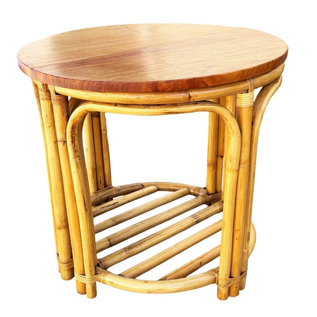 1940s Restored Rattan and Mahogany Half Moon Side Tables With Storage Rack For Sale - Image 4 of 5