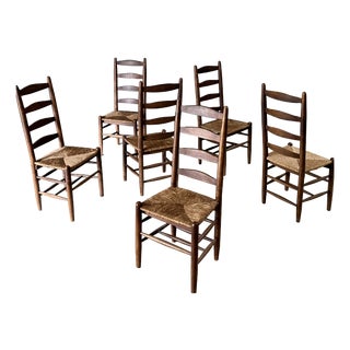 Rustic High Ladder Back Oak and Rush Dining Chairs, Belgium, 1950s, Set of 6 For Sale