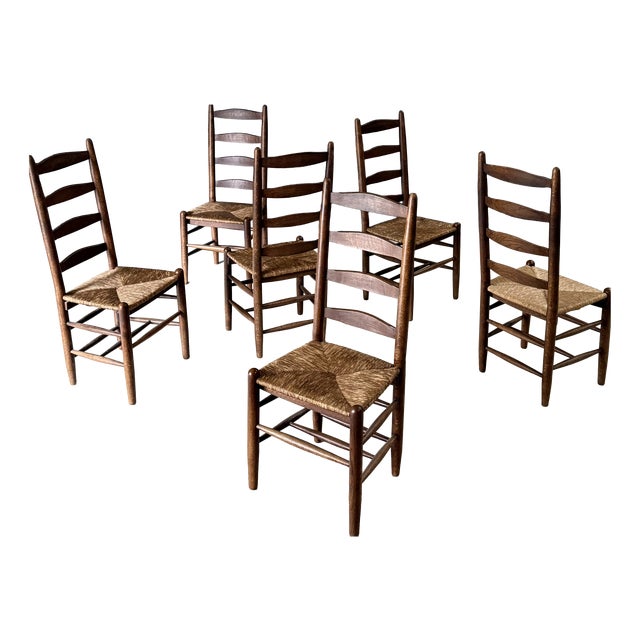 Rustic High Ladder Back Oak and Rush Dining Chairs, Belgium, 1950s, Set of 6 For Sale