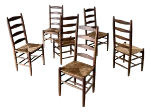 Rustic High Ladder Back Oak and Rush Dining Chairs, Belgium, 1950s, Set of 6