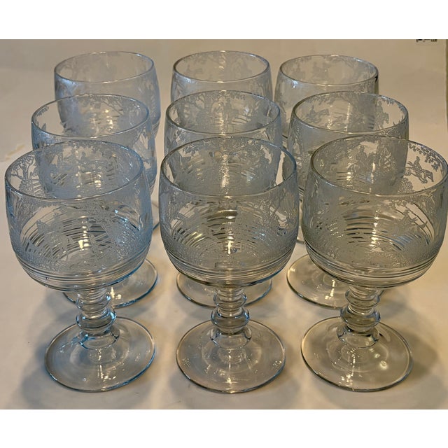 Rare set of 9 vintage glass goblets from the renowned Cambridge Glass Company. These pieces feature the highly sought-...