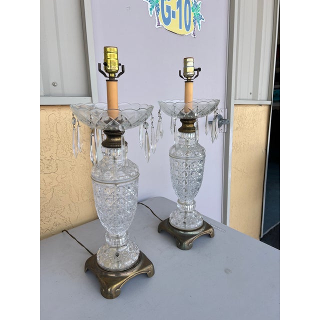 Vintage Early 20th Century Pair Crystal & Brass Lamps -2 For Sale In West Palm - Image 6 of 12