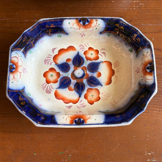Antique Gaudy Welsh Crescent Pinwheel Flow Blue Set of 2 Vegetable Dishes, Circa 1840s For Sale - Image 4 of 12