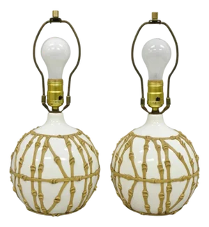 Vintage Hollywood Regency Small Bulbous Ceramic Faux Bamboo Table Lamps - A Pair