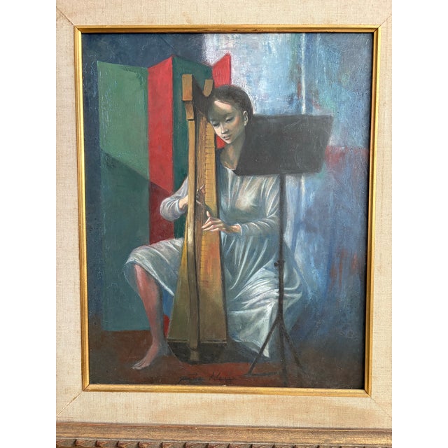 Jean-Pierre Alaux (1925-2020) “La Harpe Irlandaise” Original Oil Painting -circa 1950 -student of the Ecole de Beaux-Arts...