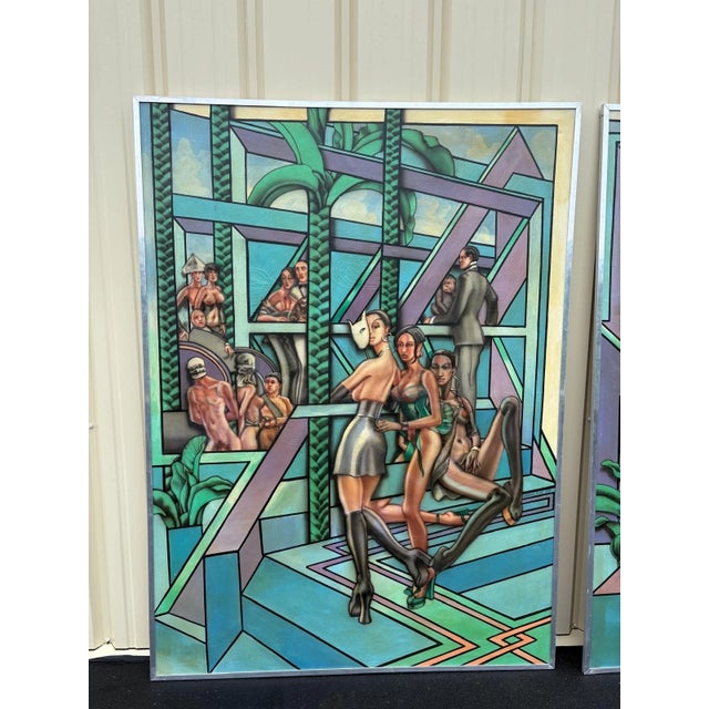 Blue Pair of Monumental Figurative Surrealist Paintings, Signed “John h.h.” 1974 For Sale - Image 8 of 12