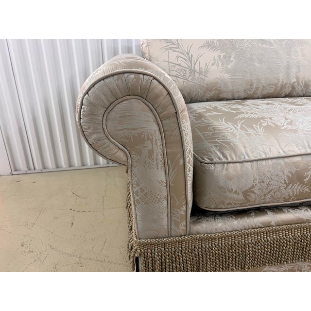 Custom Designed by Me an Interior Designer Fabricated in My Private Workroom. 100% Silk Chinoiserie Luxury Sofa in the Lawson Style For Sale In New York - Image 6 of 8