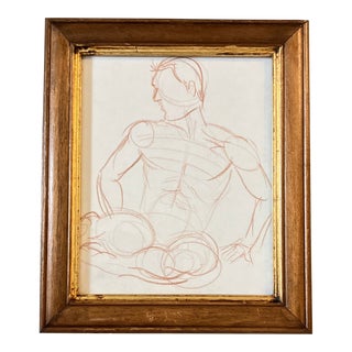 1970’s Original Vintage Modernist Male Study Brown Pencil Drawing Vintage Wood Frame For Sale