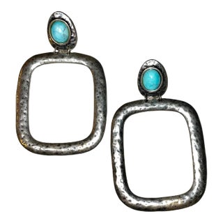Late 20th Century Turquoise and Silver Navajo Oversized Statement Earrings - 2 Pieces For Sale