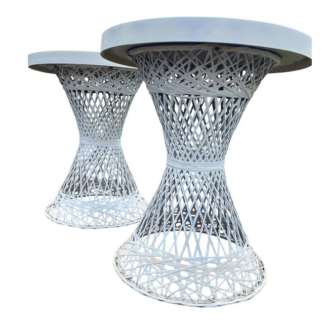 Vintage Russell Woodard Spun Fiberglass Wicker Patio Side Tables a