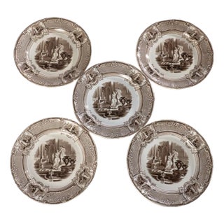 5 Mid 19th Century Brown Transferware Plates by Podmore Walker and Co. "Minerva Pattern" For Sale