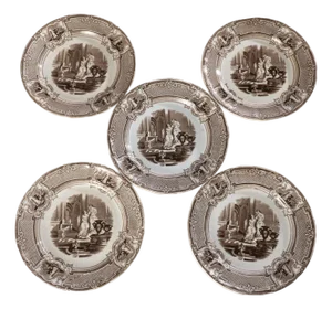 5 Mid 19th Century Brown Transferware Plates by Podmore Walker and Co. "Minerva Pattern"
