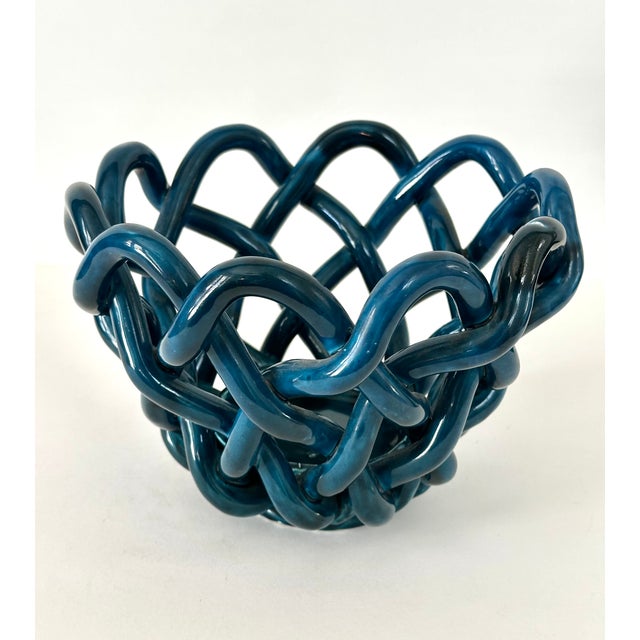 Hand Crafted Cerluean Blue Twisted Pottery Bowl For Sale - Image 4 of 16