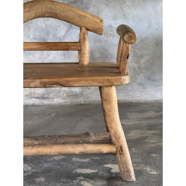 Beige Small Vintage Bench with Backrest and Armrest in Light Asian Teak, 1990s For Sale - Image 8 of 10