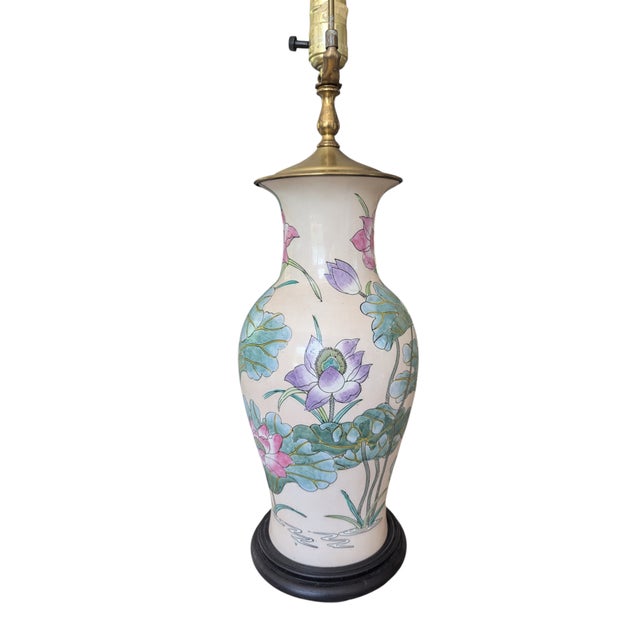 Peach Antique Chinoiserie Porcelain Enamel Lotus Flower Vase Lamp For Sale - Image 8 of 18