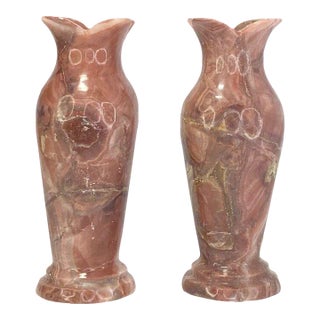 Pair of 1980s Matching Pink Hue Solid Marble Onyx Natural Stone Vessel Vases For Sale