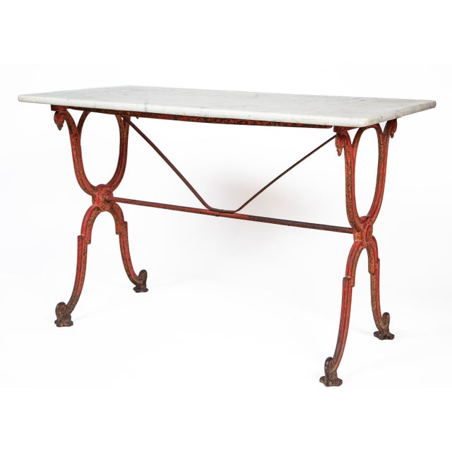 French Bistro Table by Delpeche Freres, Marble Top, Cast Iron Base, circa 1900. Ornate molded cast iron base with...