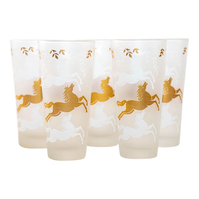 1950 Tumbler Frosted Drink Glasses Cavalcade by Libbey Galloping Horse Set of 5 For Sale
