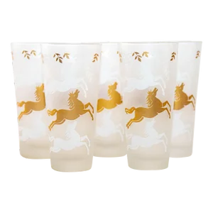 1950 Tumbler Frosted Drink Glasses Cavalcade by Libbey Galloping Horse Set of 5