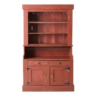 Antique Red Step Back Cupboard Cabinet For Sale