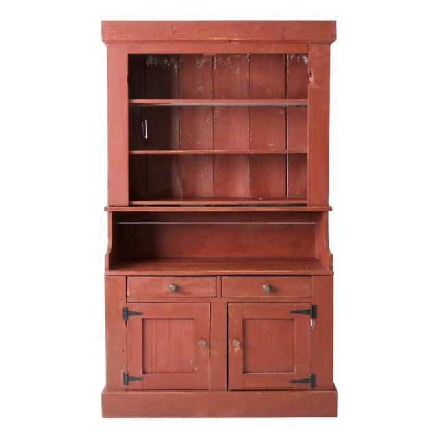 Antique Red Step Back Cupboard Cabinet For Sale